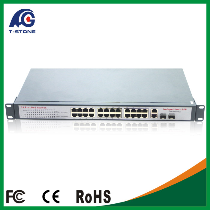 China OEM IP camera PoE 24 port poe switch two gigabit SFP port poe switch wholesale