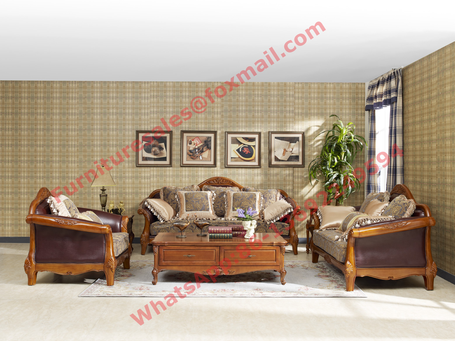 China European Country Style Classic Solid Wooden Sofa Made by Italy Leather and Fabric Sofa Set wholesale