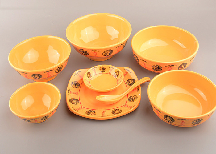 China Professional Melamine Serving Bowl Dish Spoon Set Dragon And Phoenix Yellow Style wholesale