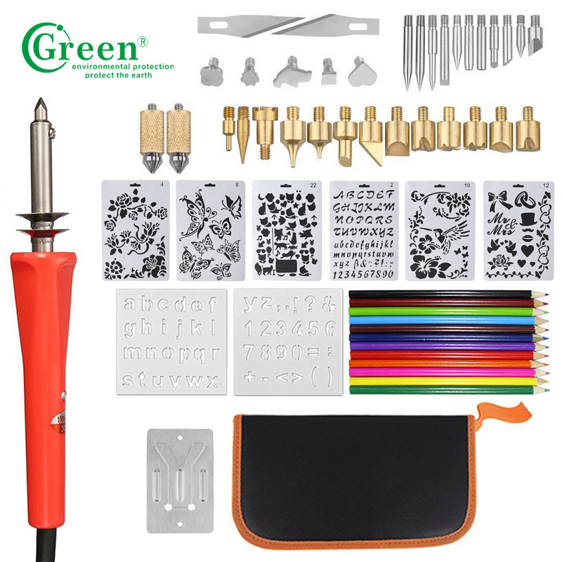 China Green PS3301 33 Wood Burning Kit Tips 2 Stencils 12 Colored Pencils wholesale