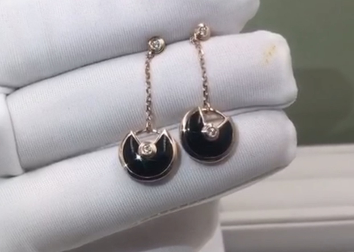 China Classic Shape Glossy Rose Gold Cartier Amulette Earrings With Onyx wholesale