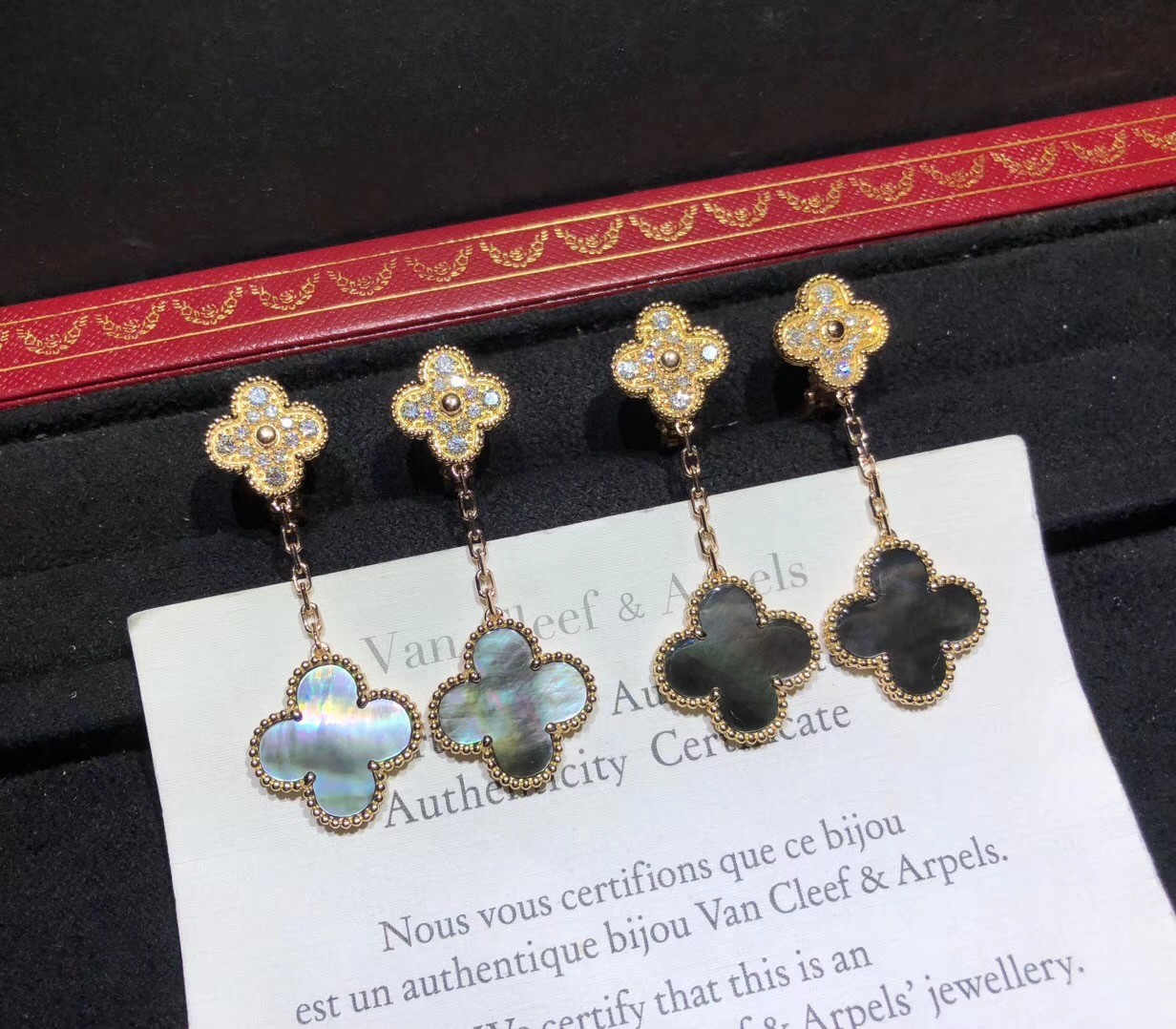 China 2 Motifs 18K Rose Gold Magic Alhambra Earrings With Grey Mother Of Pearl High end custom jewelry manufacturer wholesale