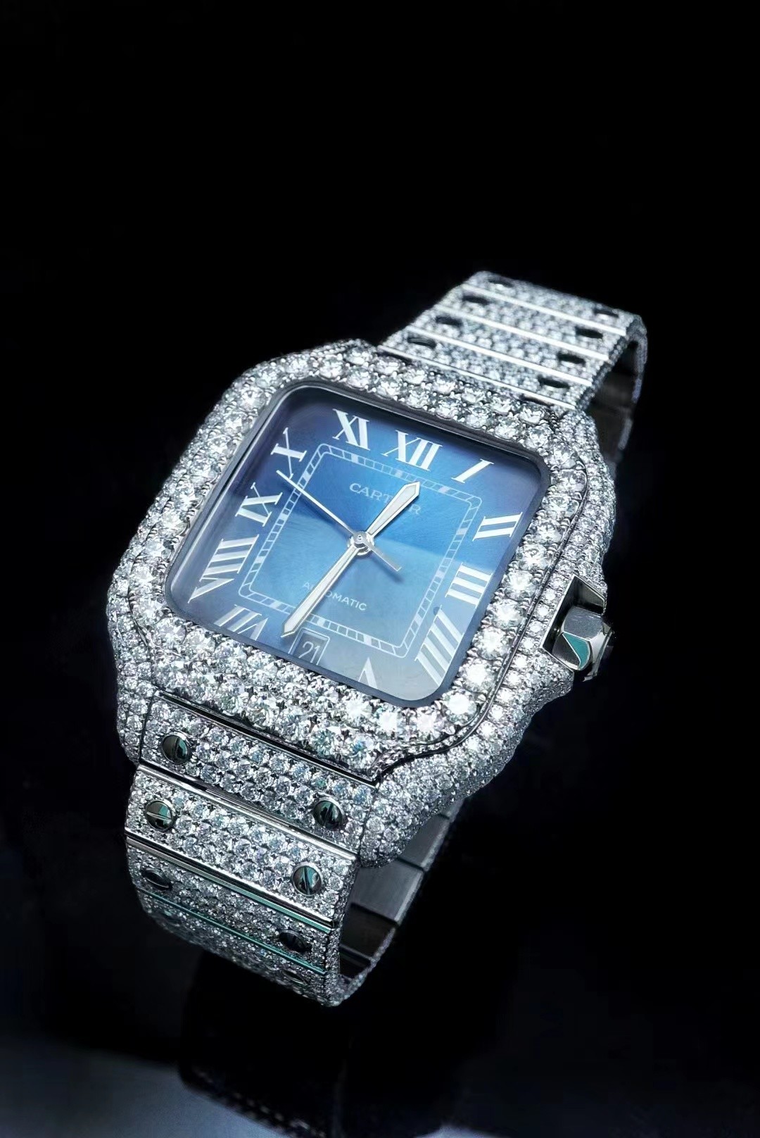 China OEM Blue Dial Iced Out Moissanite Watch Cartier Bussdown Watch wholesale