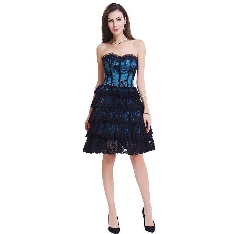 China Dark Blue Lace Bustier And Corset Plus Size Steel Boned Corset Dress wholesale