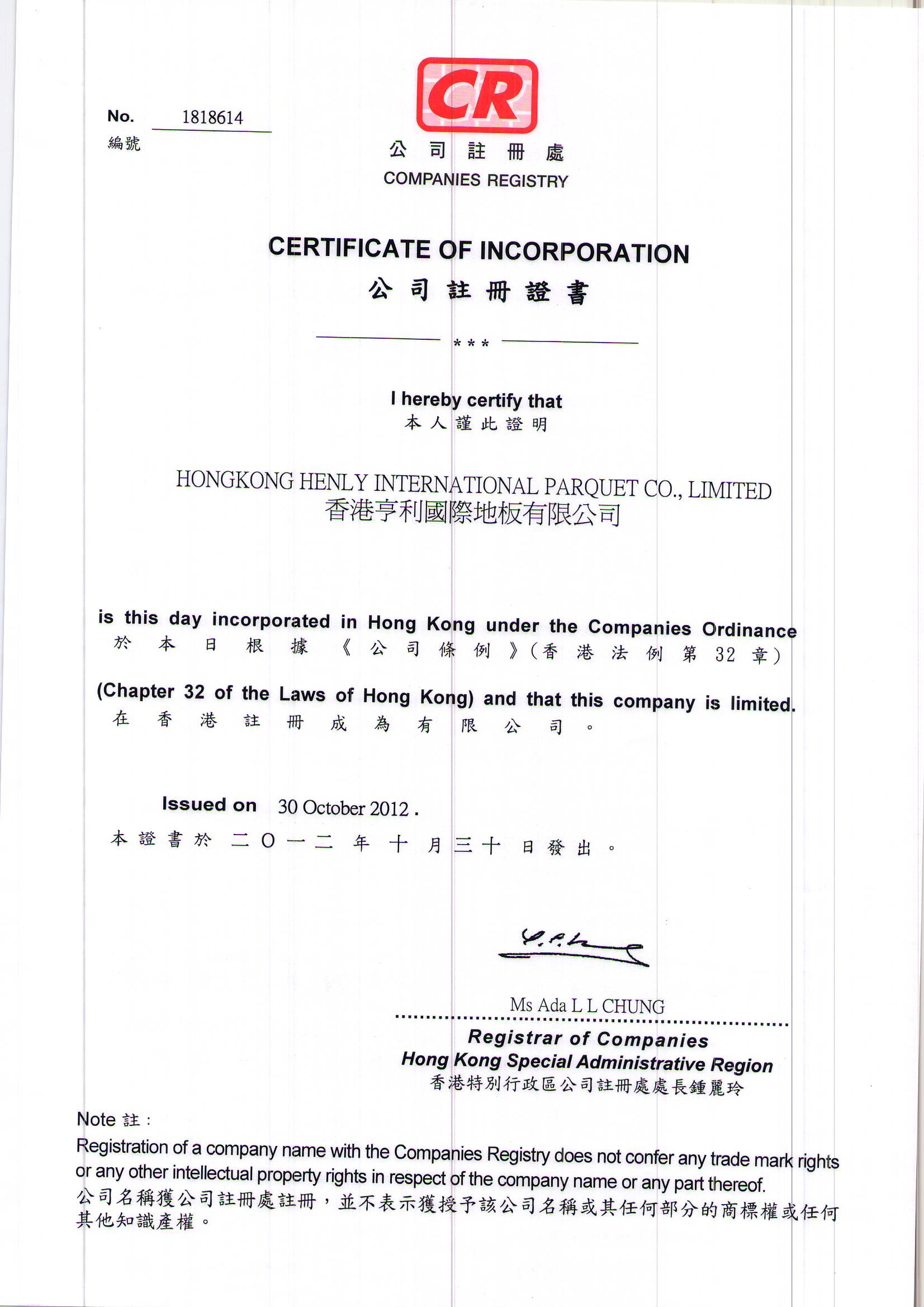 Hongkong Henly International Parquet Com., Limited(Zhejiang) Certifications