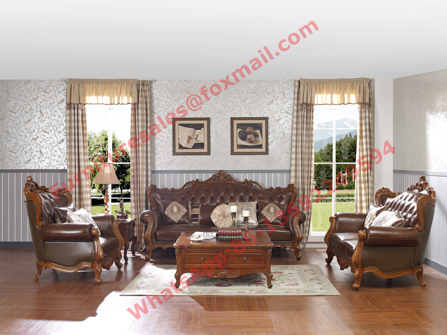 China European Classic Solid Wooden Carving Frame with Italy Leather Upholstery Sofa Set wholesale