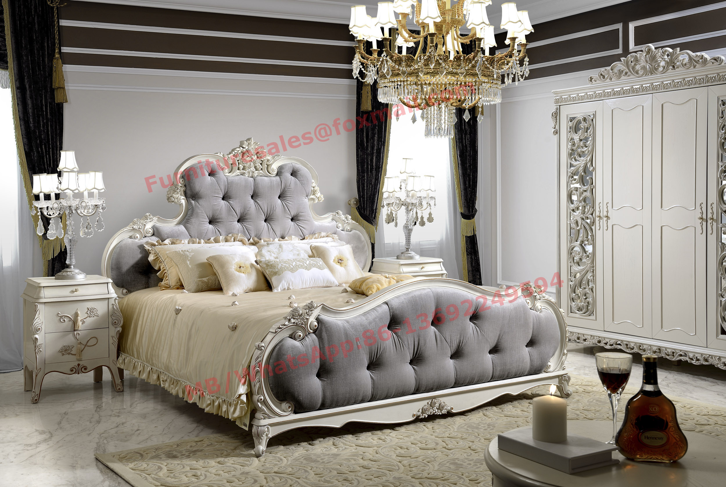 China Luxury Upholstery Fabric Headboard Padding with Solid Wood Bed in Ivory White Painting wholesale