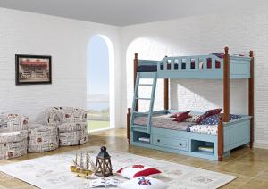 China Sky blue painting bunk bed for children bedroom in solid wood frame and MDF plate with storage drawers in apartment furn wholesale