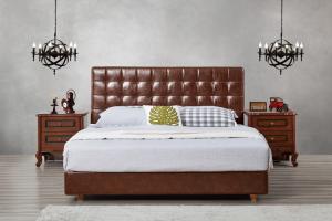 China Leather / Fabric Upholstered Headboard Bed for Apartment Bedroom interior fitment by Leisure Furniture with Wooden table wholesale