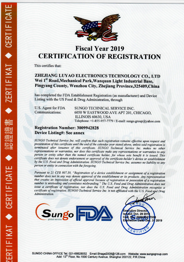 Zhejiang Luyao Electronics Technology Co., Ltd. Certifications