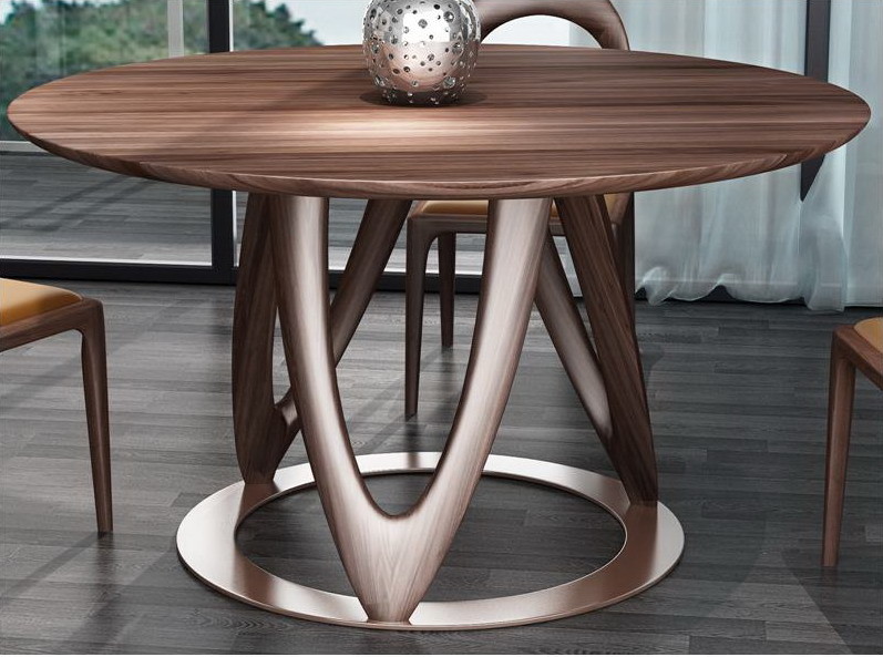 China Nordic style Living room Furniture Walnut Wooden Circular Dining table in Special design Legs and Stainless steel plate wholesale