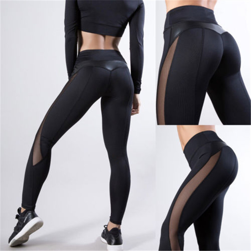 China Women Skinny Leggings Black Yoga Sport Pants Pu Leather Patchwork Lady Jogging Pants wholesale