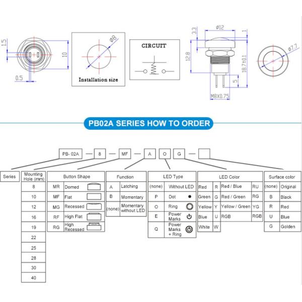 250V Illuminated Latching Push Button Switch / 8mm Metal Push Button Switch