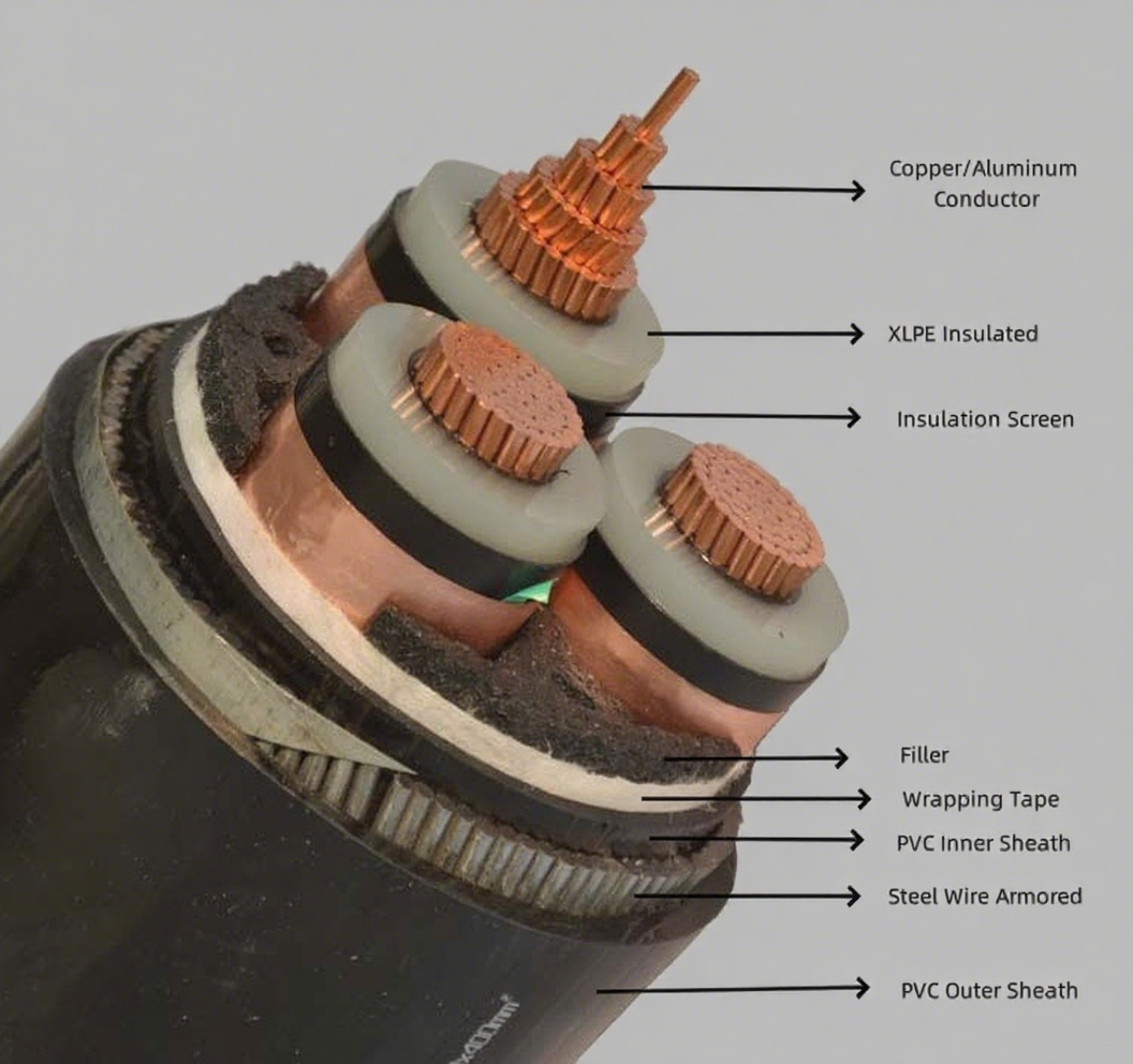 XLPE Insulated Mv Power Cable Steel Tape Armored Power Cable 6KV 60A