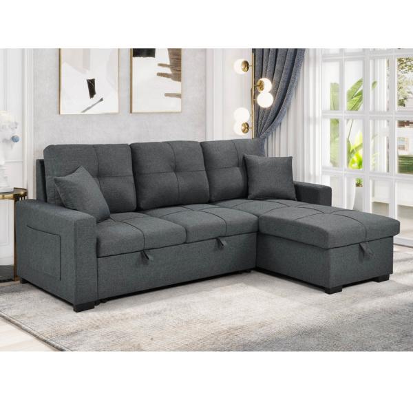 Quality L-Shaped Reversible Sectional Sleeper Sofa with Pull-Out Bed and Storage, Neutral Gray Fabric for sale