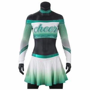 China Girls Green Competition Rhinestones Cheerleading Uniforms With Mesh Fabric on sale