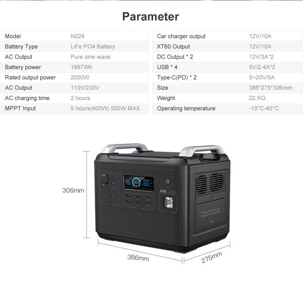 New energy generator MPPT input two-way 2000W quick lifepo4 portable power station 2000w