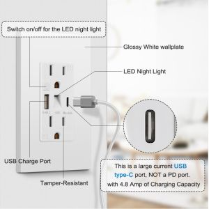 Plastic Eletrical USB Power Socket 15A 125V With Night Light