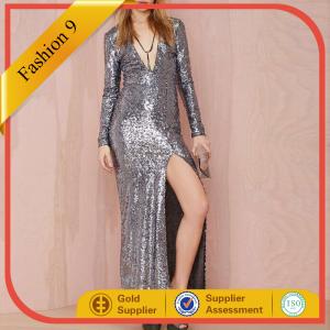 China New Designed Long Sleeve Sequined Maxi Dress with High Split wholesale