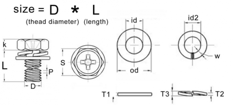 External hexagonal head cross slot washers attached combination screws