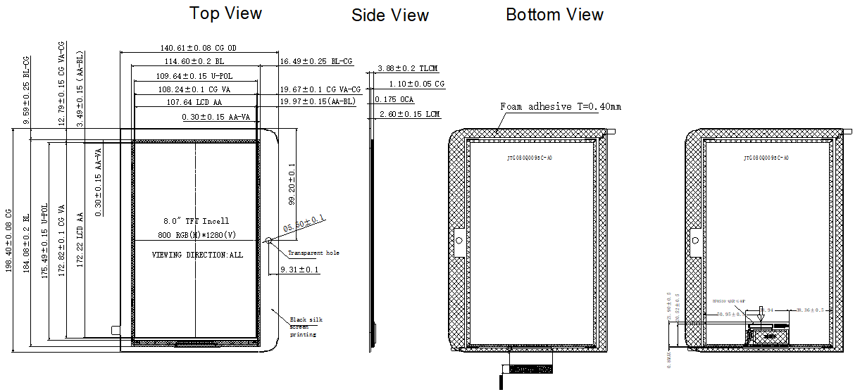 8.0 inch 800*1280 TFT Touch Display Module technical drawing