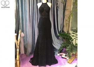 China Backless Black Lace Mermaid Prom Dress / Fishtail Waist Beaded Evening Gown on sale