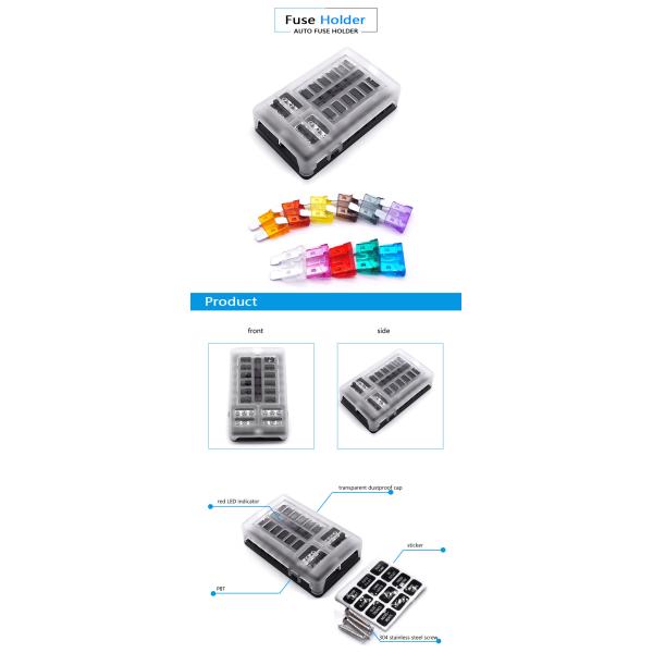 12 Circuit Ways Blade Fuse Box Positive Negative Bus Bar Fuse Block Box Holder with LED Indicator Dust-proof Protection