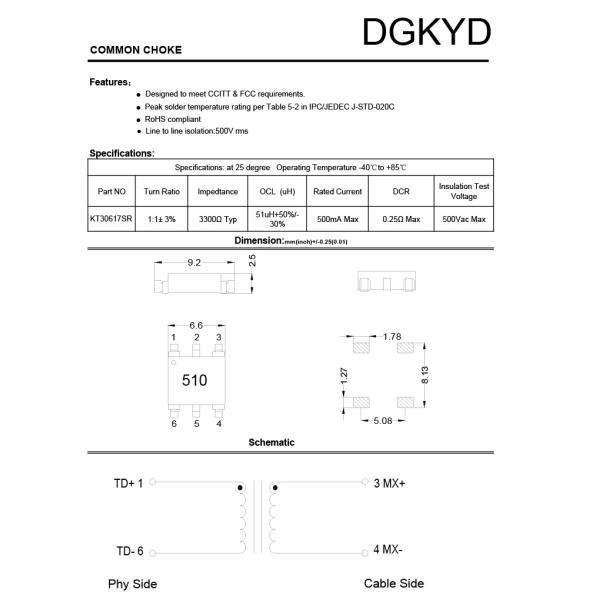 Slim Type Ethernet Transformer KT30617SR 100BASE-TX Network Transformer SMD