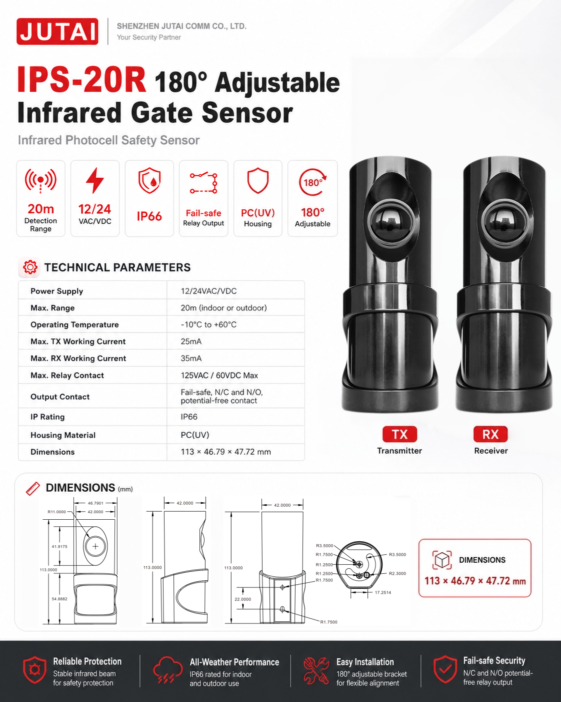 30m Infrared Safety Beam Sensor with 180° Adjustable Mounting for Automatic Gate Parking Barrier Garage and Industrial Door