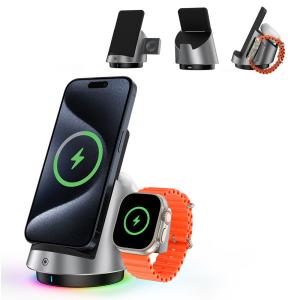 China 3 In 1 Dual Coil Desktop Wireless Charger Dock With RGB Light Effect wholesale