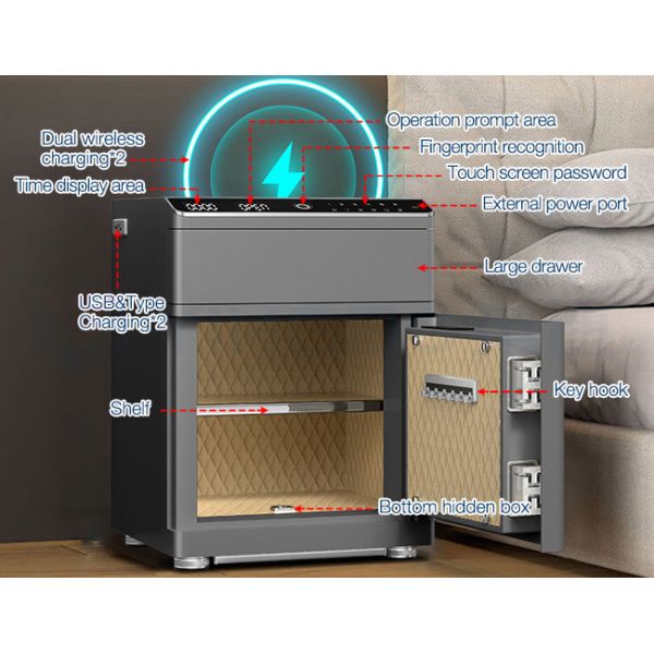 Biometric Fingerprint Nightstand Safe Box, Solid Steel Construction for Home Security