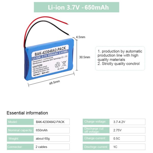 Electronic Devices Use 423048A2-Pack 3.7v 650mah Real Capacity Lithium Ion Battery Pack