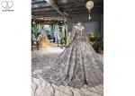 Backless Grey Tailor Made Prom Dresses , Long Sleeve Ball Gown Luxury Beading