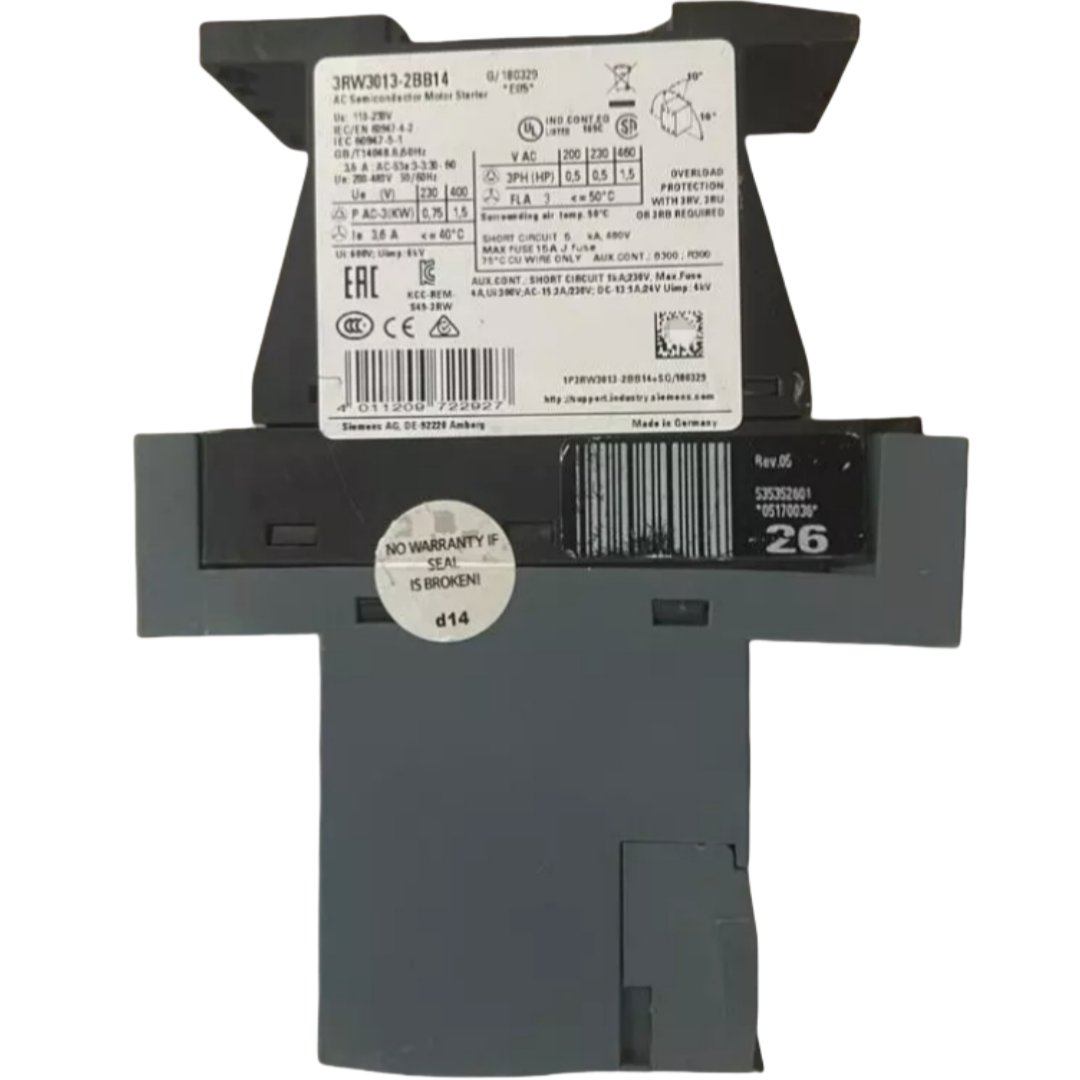 SIEMENS 3RW3013-2BB14 SIRIUS SOFT STARTER S00 3.6 A, 1.5 KW/400 V, 40 °C 200-480 V AC, 110-230 V AC/DC