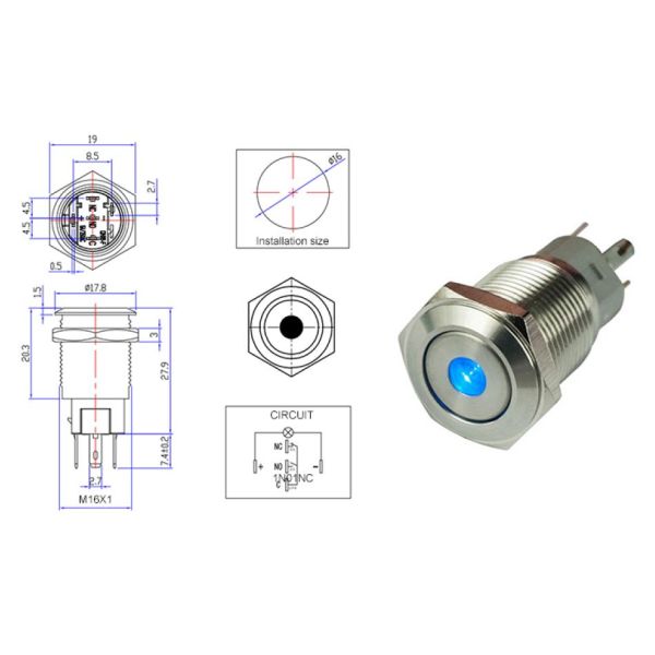 Small 16mm Latching Push Button Switch Metal IP65 Rating Round Shape
