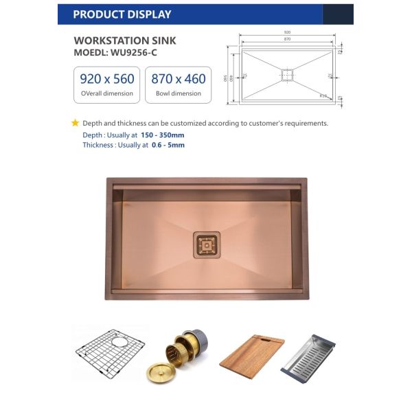 Single Bowl Copper Workstation Sink 36' Undermount Drop In 92x56