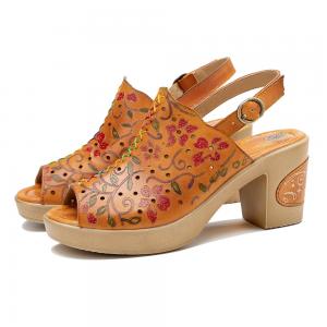 China Bohemian Fashion Women Sandals Orange Leather Block Heel Sandals wholesale