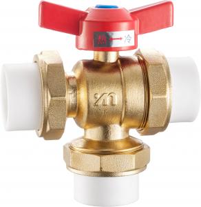 China 3203 Three Way Cold-Hot Switching Brass Valve Ball Type Sizes DN20 DN25 with Equal Tee PP-R or FxMxM Pipe Connections wholesale