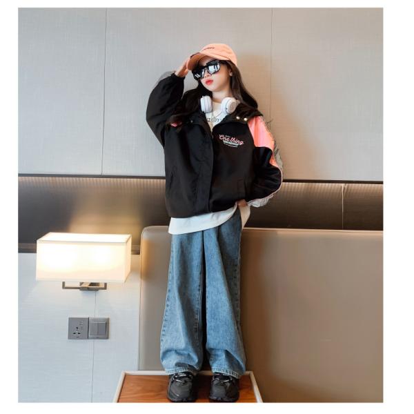 Black Monogrammed Print Childrens Spring Clothes Aged 4-16 Girls Hoodie Jacket