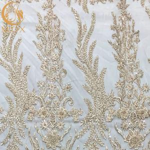 China White Nigerian Wedding Dress Beaded Lace Fabric 91.44Cm Length wholesale