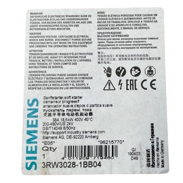 SIEMENS 3RW3028-1BB04 SIRIUS SOFT STARTER S0 38 A, 18.5 KW/400 V, 40 °C 200-480 V AC, 24 V AC/DC SCREW TERMINALS