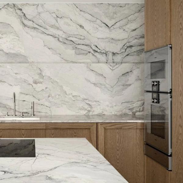 Villa White Oak Wood Veneer Kitchen Marble Countertop Frame Line Door Panel Complete Kitchen Cabinet Set