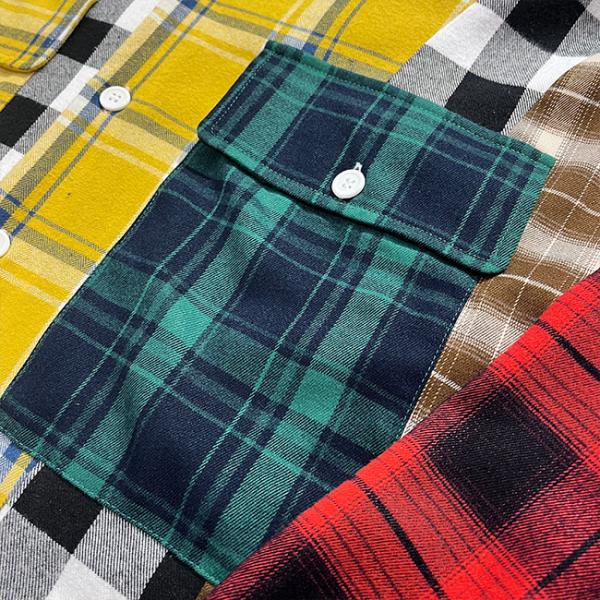 Custom Flannel Plaid Shirt Button Up Embroidery Patchwork Logo Color Block Polo Shirt Cut Sew Patch Shirt For Men