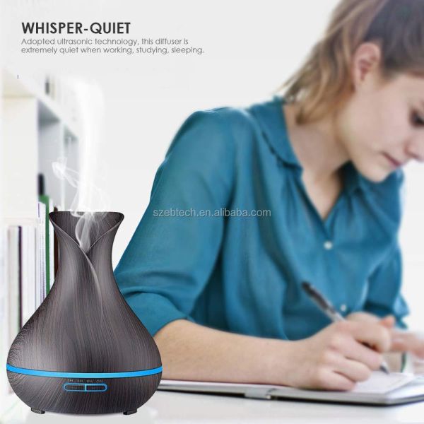 Classic 400ml Wood Grain Vase Flower Aromatherapy Essential Oil Diffuser With 7 Color LED Lights for Home,Bedroom