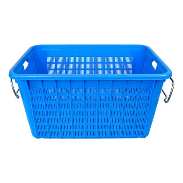 Quality Customized Color Mesh Style Plastic Logistic Distribution Basket with Side Metal Handle for sale