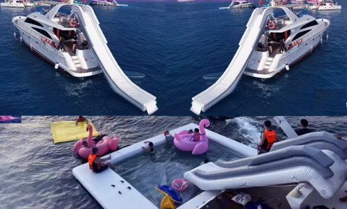 Water Yacht Slide Diving Swimming Pool Inflatable Belt Net Pool Lounge Chair Sea Floating Platform Rest Bar Awning
