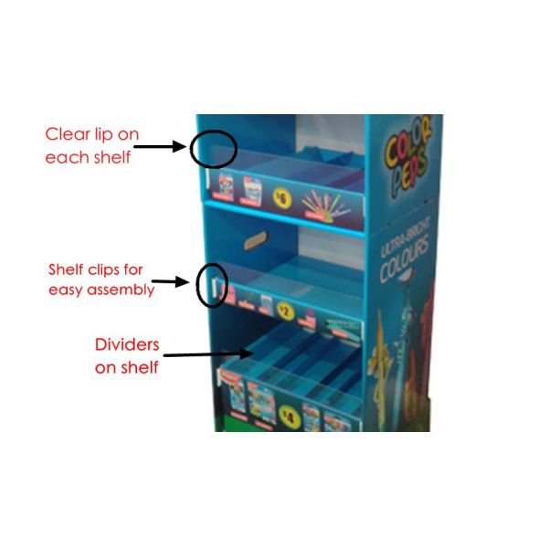 Blue 4 Shelf Point Of Sale Cardboard Display Stands With Clear Lips