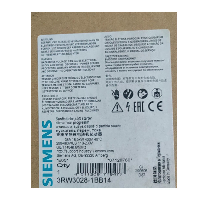 SIEMENS 3RW3028-1BB14 SIRIUS soft starter S0 38 A, 18.5 kW/400 V, 40 °C 200-480