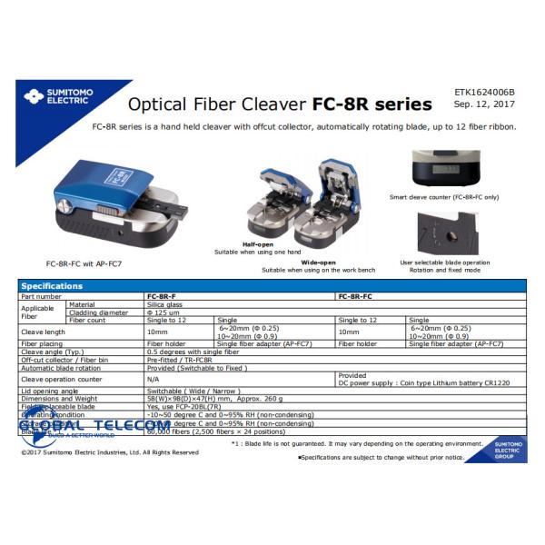 Sumitomo FC 8R Fiber Optic Cleaver Tool Lightweight One Hand Operation