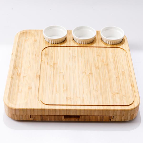 Rectangle Chopping Blocks and 3 Ceramic Bowls Knife Set Bamboo Cheese Board for Kitchen Pizza Gift